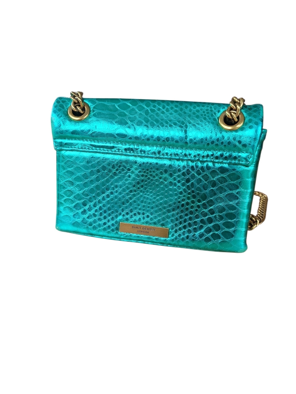Kurt Geiger Turquoise Snake-Embossed Shoulder Bag with Gold Chain - Picture 2 of 15